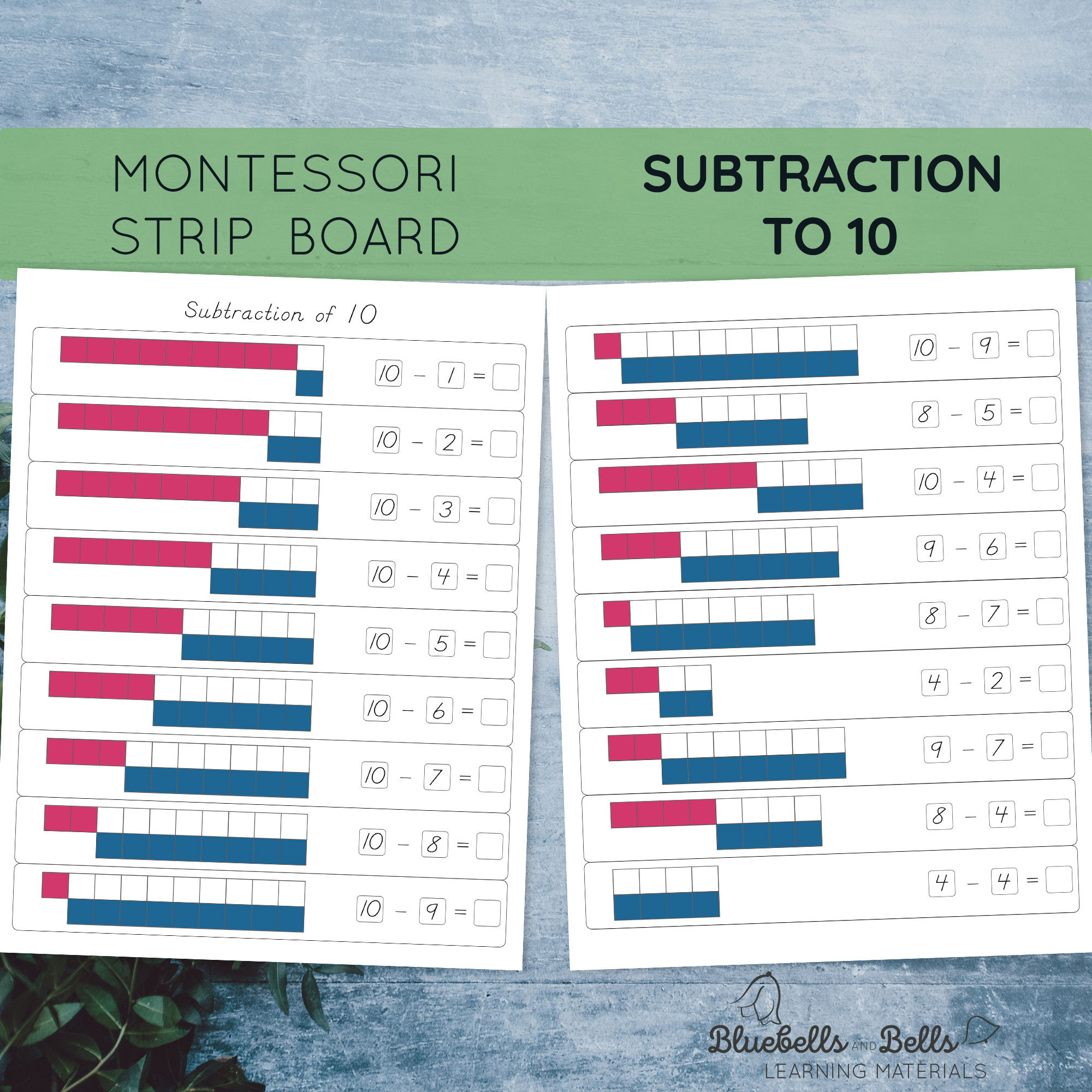Montessori Subtraction to 10 Worksheets Subtraction Strip Board