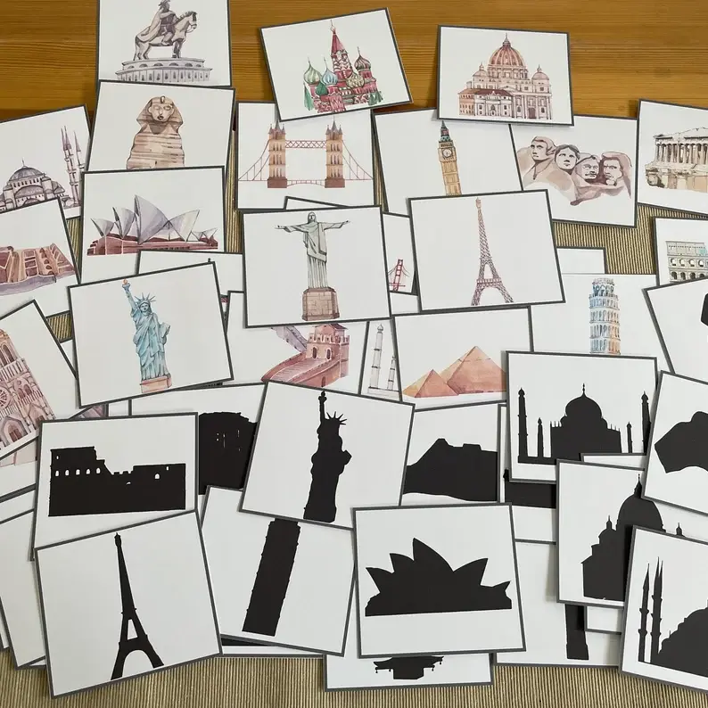 Thumbnail: Landmarks Cards Shadow matching. Preschool printable Montessori.