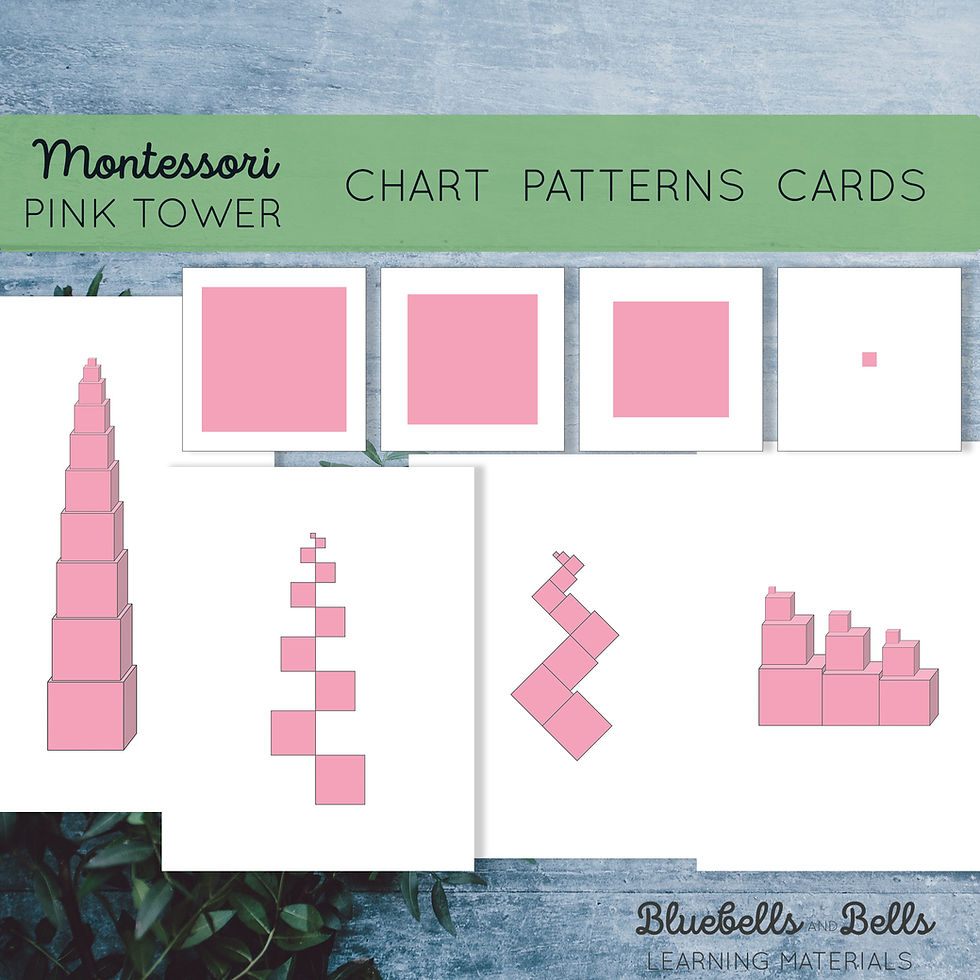 Montessori Pink Tower cards, chart and patterns