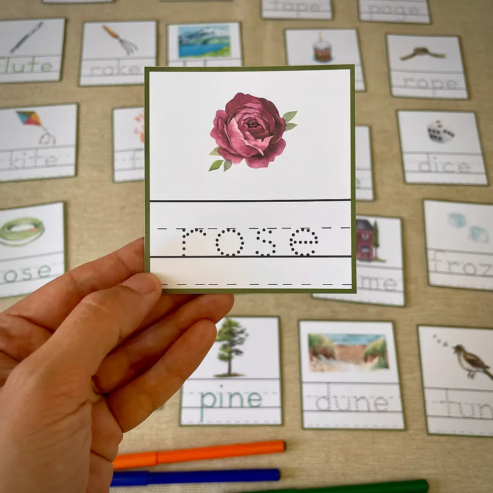 Thumbnail: Silent E word Cards for tracing. Montessori Green Series handwriting printable.