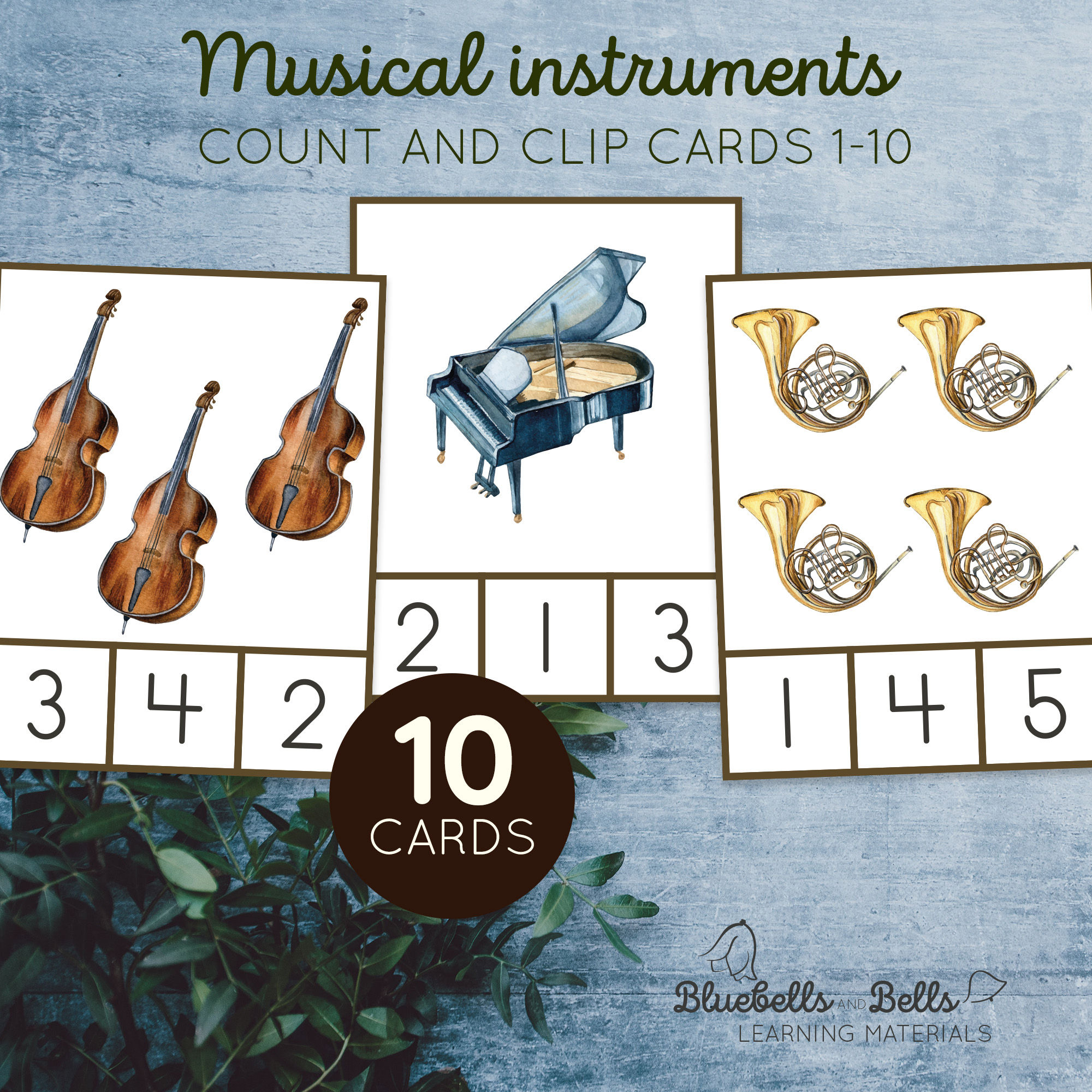 Musical instruments printable worksheets Count and clip Cards 1-10