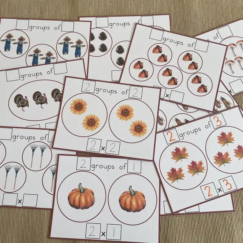 Thumbnail: Montessori fall printable Multiplication groups Task cards. Kindergarten math.