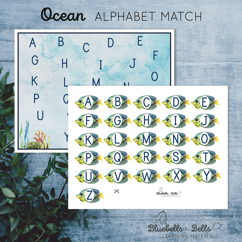 Thumbnail: Printable ocean-themed Alphabet matching activity for toddlers and preschoolers. Features uppercase and lowercase mat & cards
