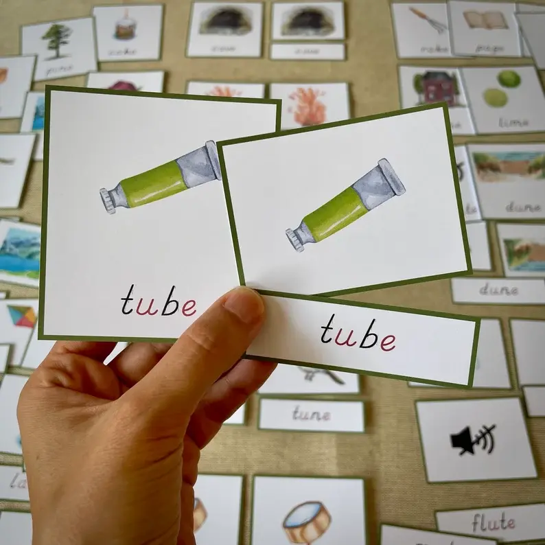 Thumbnail: Silent E words 3-part cards. Montessori green series printable.