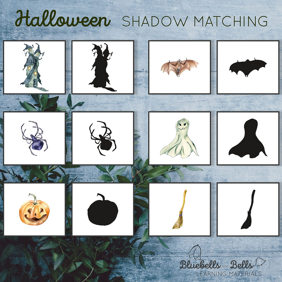 Halloween preschool printable Shadow matching cards. Montessori fall activity.