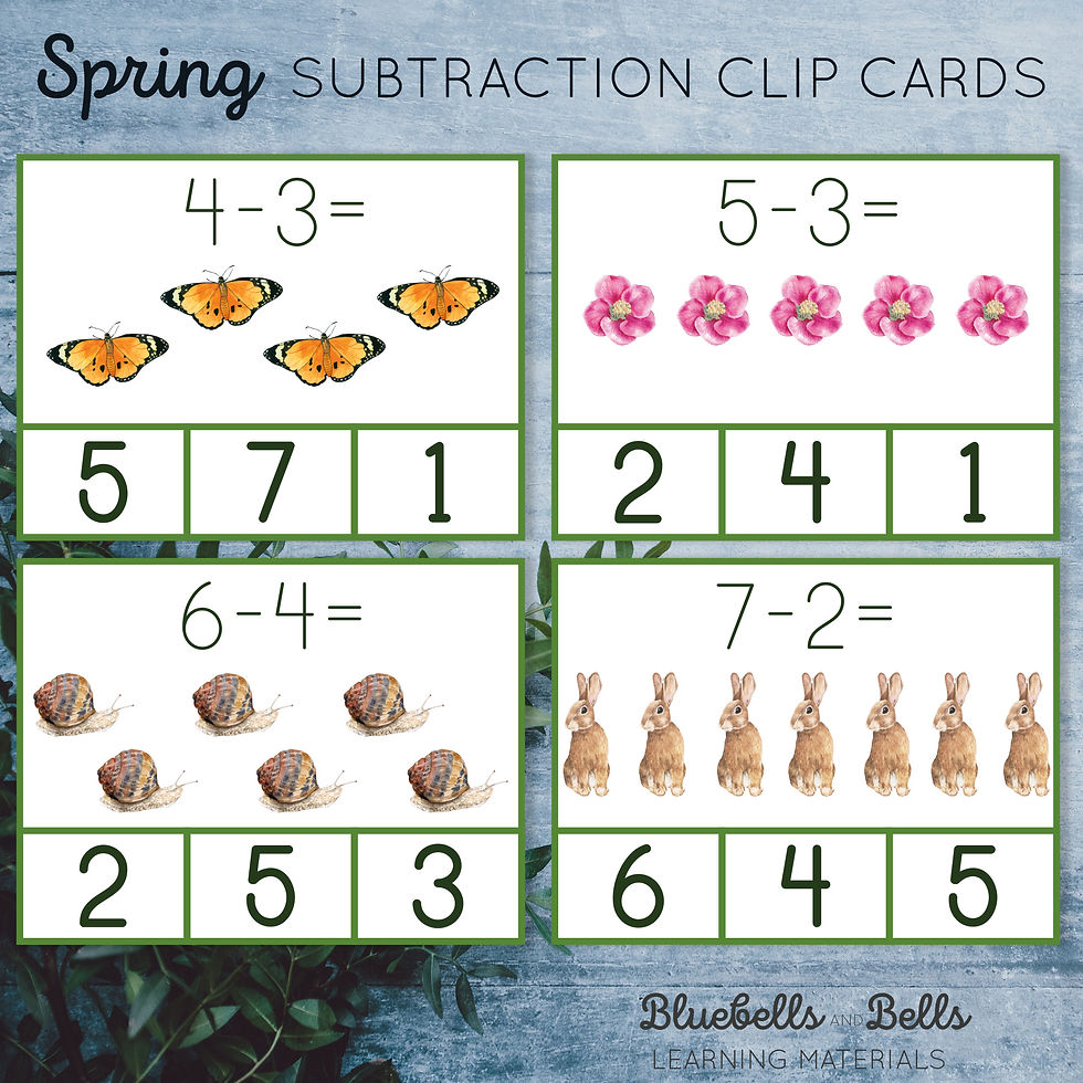 Thumbnail: Spring Montessori printable Subtraction to 10 Clip cards