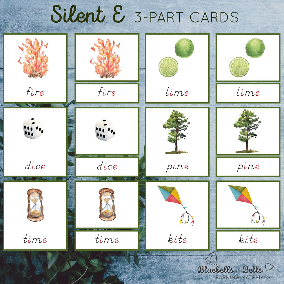 Silent E words 3-part cards. Montessori green series printable.
