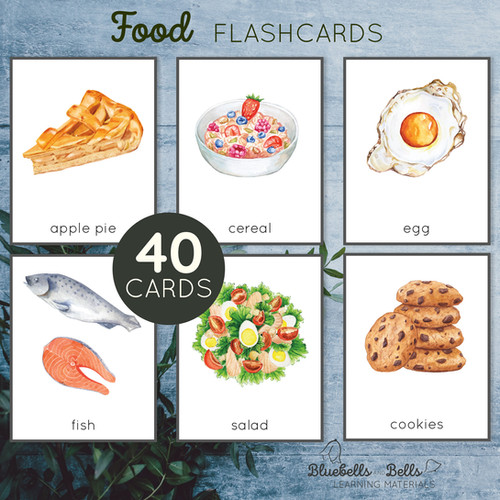 Food flashcards printable. Preschool watercolor cards. | Bluebellsandbells