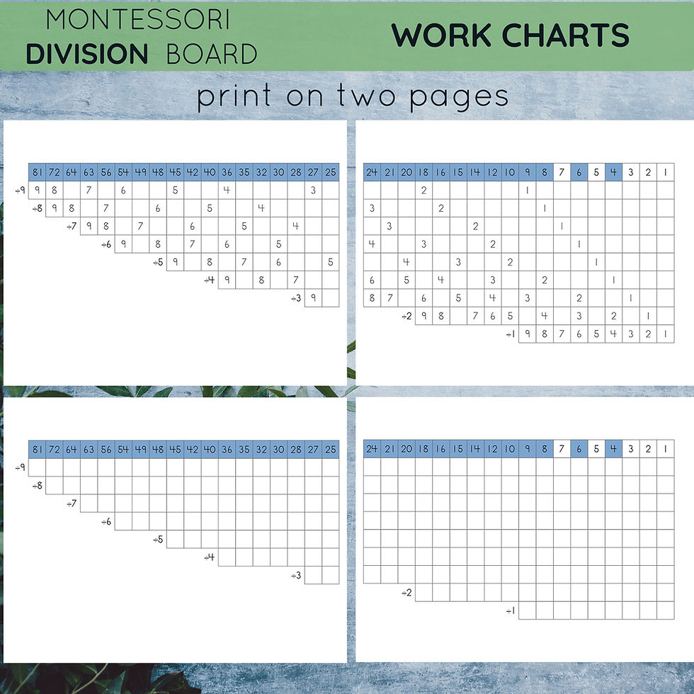 Thumbnail: Montessori Division board printable Charts, Booklets, Worksheets, Equation slips