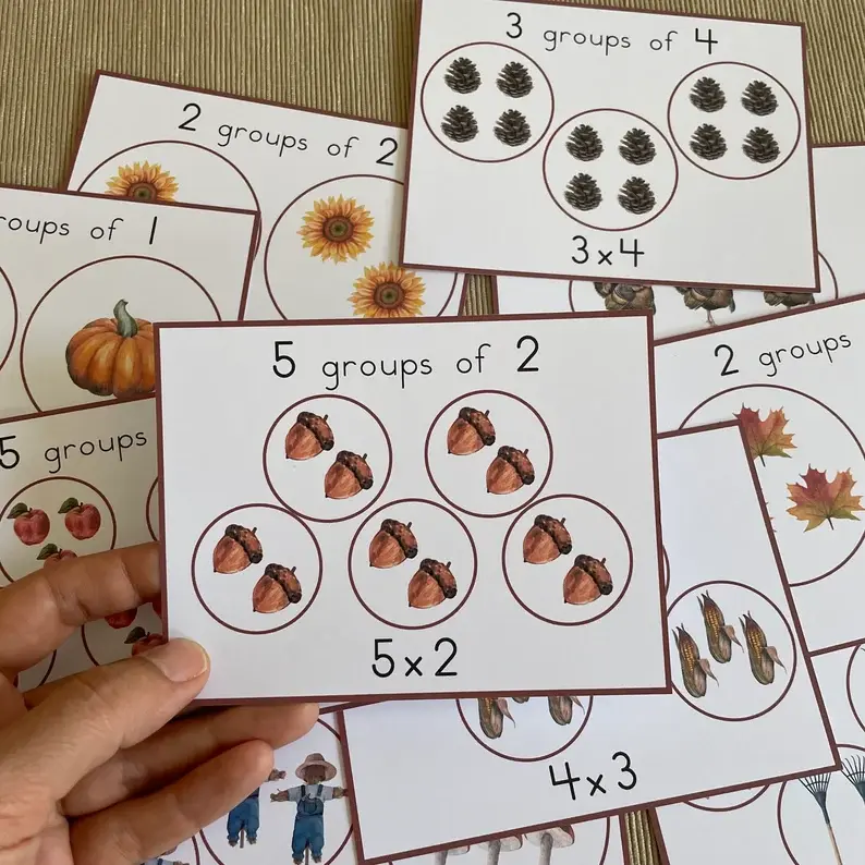 Thumbnail: Kindergarten fall printable Multiplication groups fact cards. 1st grade math.