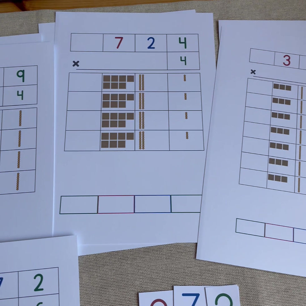Montessori Golden beads Multiplication worksheets Three and four digit numbers
