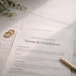 A softly lit desk showing a terms and conditions paperwork together with wedding rings and a gold pen