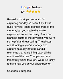 A 5 star Google review for Russell Lewis Photography from Shannon & Stephen