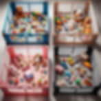 4 playpens side by side with different toys in each pen, one with blocks, one with books, one with cars and one with dolls