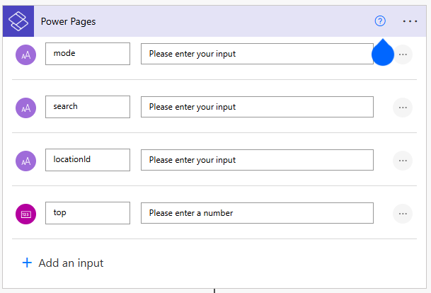 Power Automate trigger setup with 4 inputs, mode, search, locationid, top