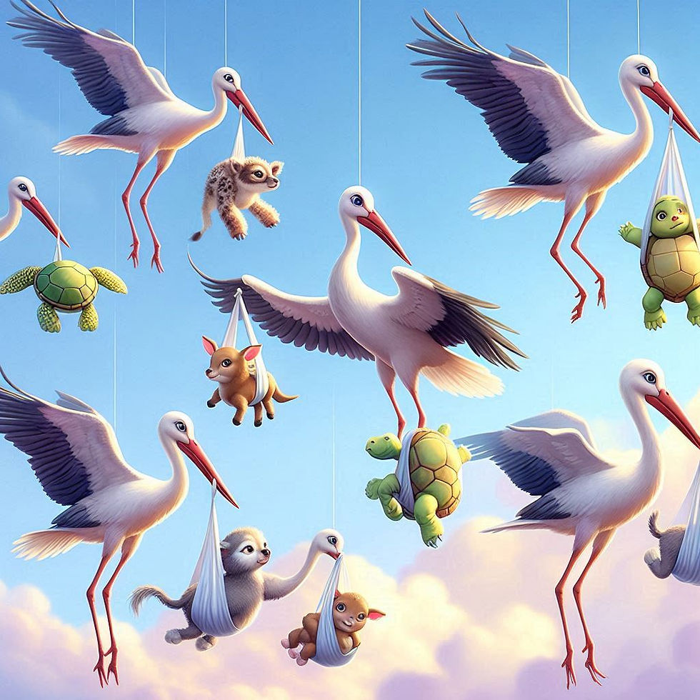 A group of storks in the sky, each carrying a different baby animal—one with a fawn, one with a turtle, one with a donkey, and more.