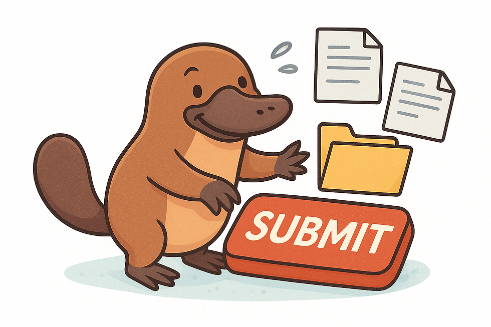 A cheerful cartoon platypus presses a large red Submit button while files and a folder float nearby, symbolising a one-step upload process.