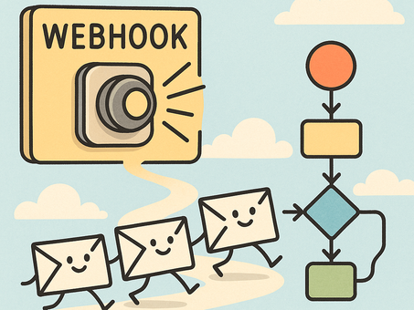 Cartoon-style illustration of a large orange doorbell labeled “Webhook.” When pressed, smiling envelope characters march happily along a winding path into a colorful flowchart, symbolizing how webhooks trigger processes in Make.