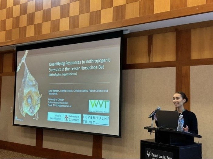 top: Lucy Morison delivering a talk on how to reliably quantify cortisol from lesser horseshoe bats' faecal samples right: Tessa and Lucy at the conference venue