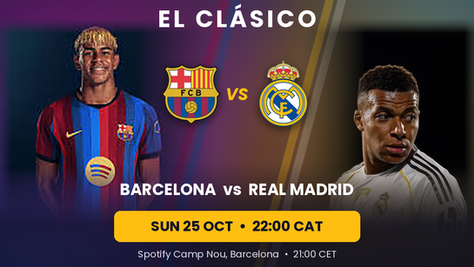 El Clasico Barcelona vs Real Madrid match graphic, Sunday 25 October 2026, 22:00 CAT at Spotify Camp Nou