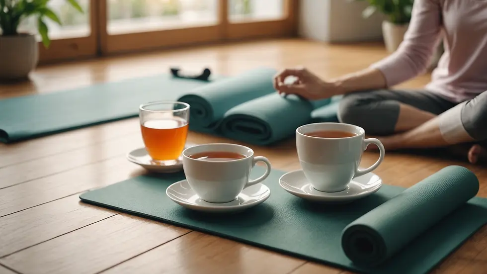 Close-up view of a peaceful morning setup with a yoga mat and cup of herbal tea