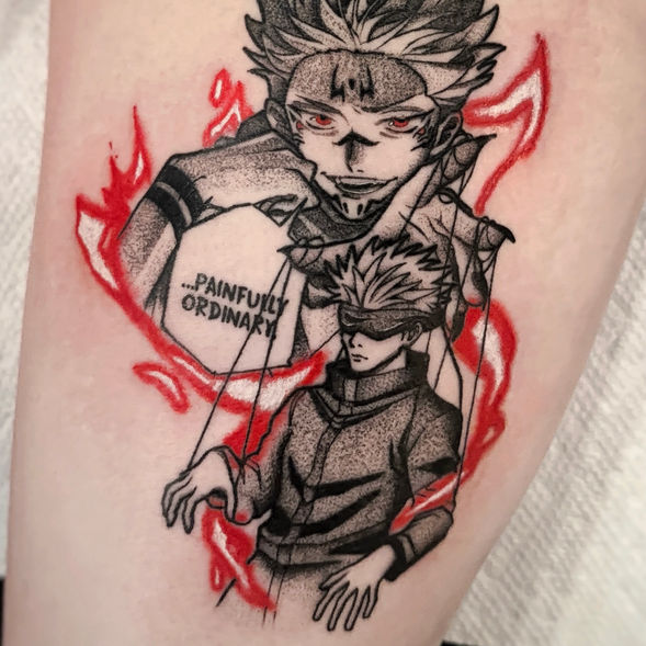 Black and Grey Sukuna and Gojo from Jujutsu Kaisen tattoo
