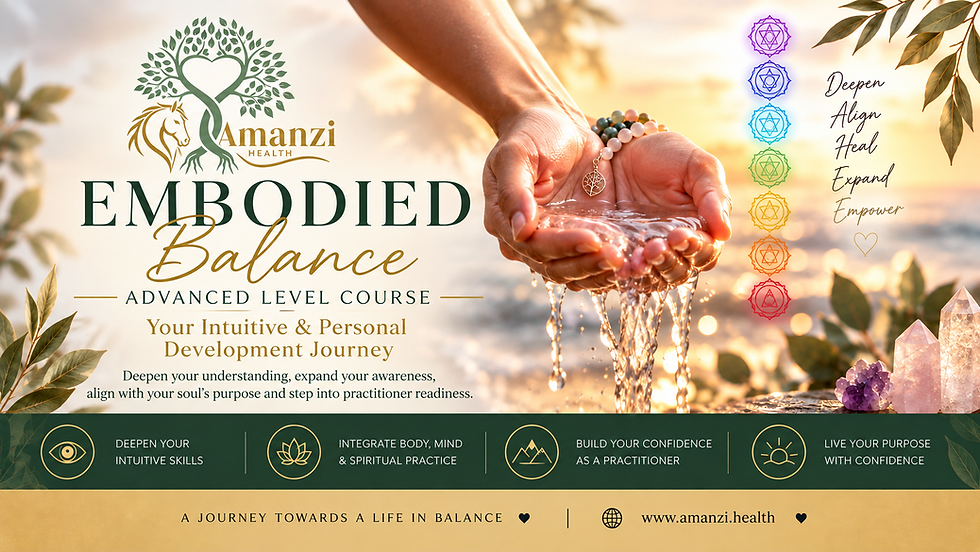 Amanzi Health Embodied Balance Advanced Level course artwork, exploring advanced energy healing, chakra alignment, intuitive awareness and deeper mind-body-spirit connection.
 Copy