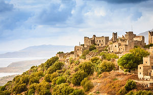 Greece Vatheia village Old abandoned tower houses in Vathia Mani Peninsula, Laconia Pelopo