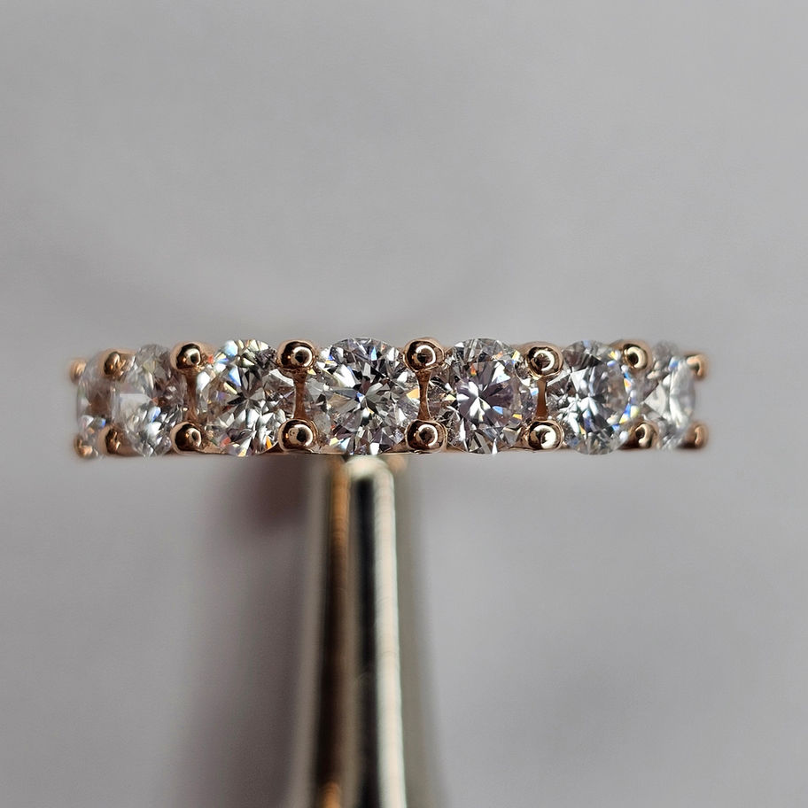 An astonishing 14K rose gold half-eternity ring with 1.00-1.50 carats of lab-grown diamonds, D-F color, and VVS clarity