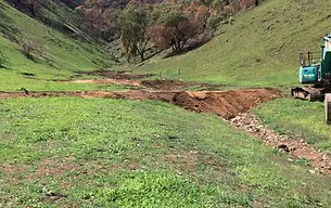 Excavator constructing beaver dam analogs for post-fire erosion control and valley hydration in Jingellic NSW, built by David Spicer