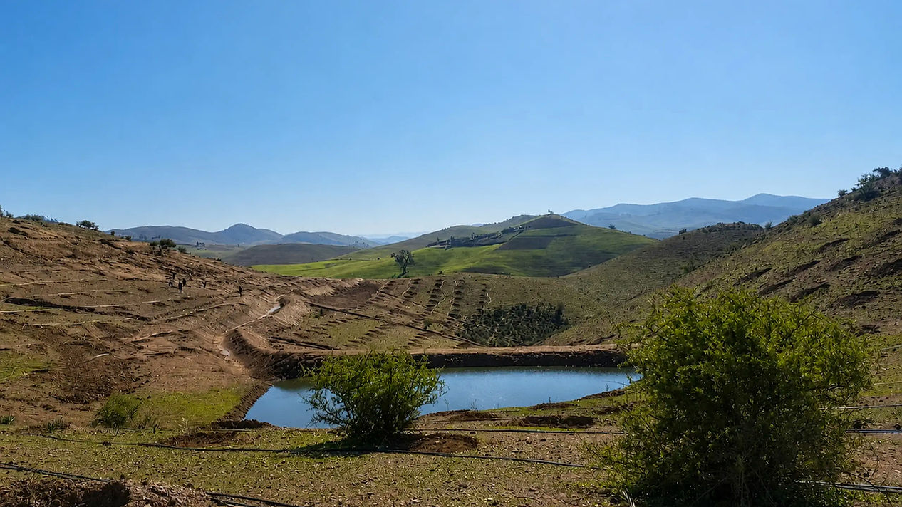 Dryland eco-retreat centre earthworks featuring a keypoint dam and swale water harvesting for agro-forestry, designed by Doc Spice Permaculture.