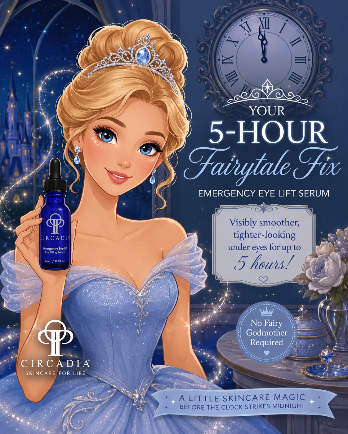 Cinderella cartoon character holding the Emergency Eye Lift serum bottle for an instant lift