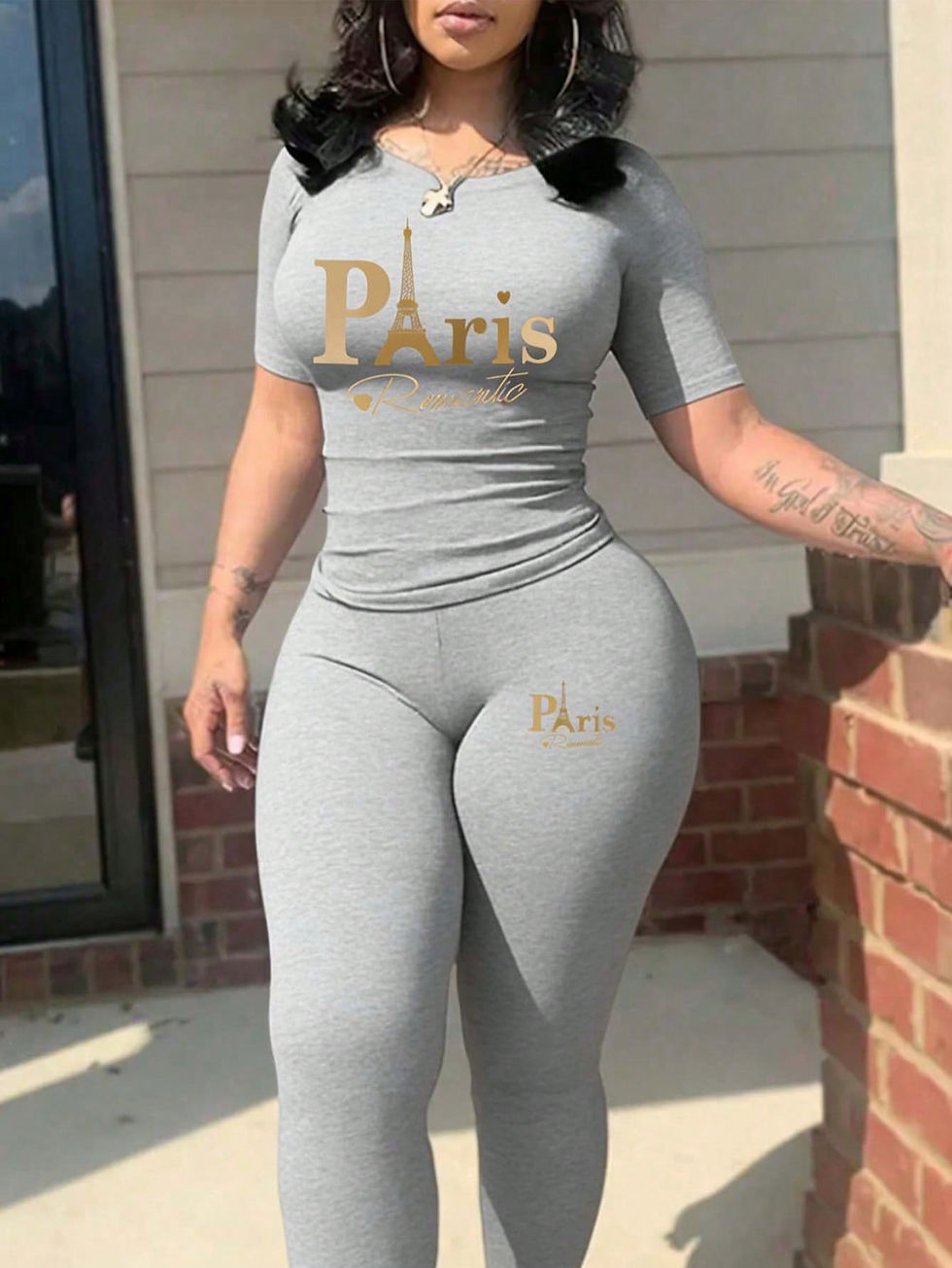 Thumbnail: 2026 Women's New Paris Printed Two-Piece Set, Casual Short-Sleeved Round Neck T-