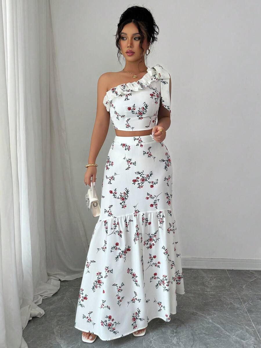 Thumbnail: 2Pcs Women Summer Matching Set, Sexy One Shoulder Top & Elegant Split Floral Pri