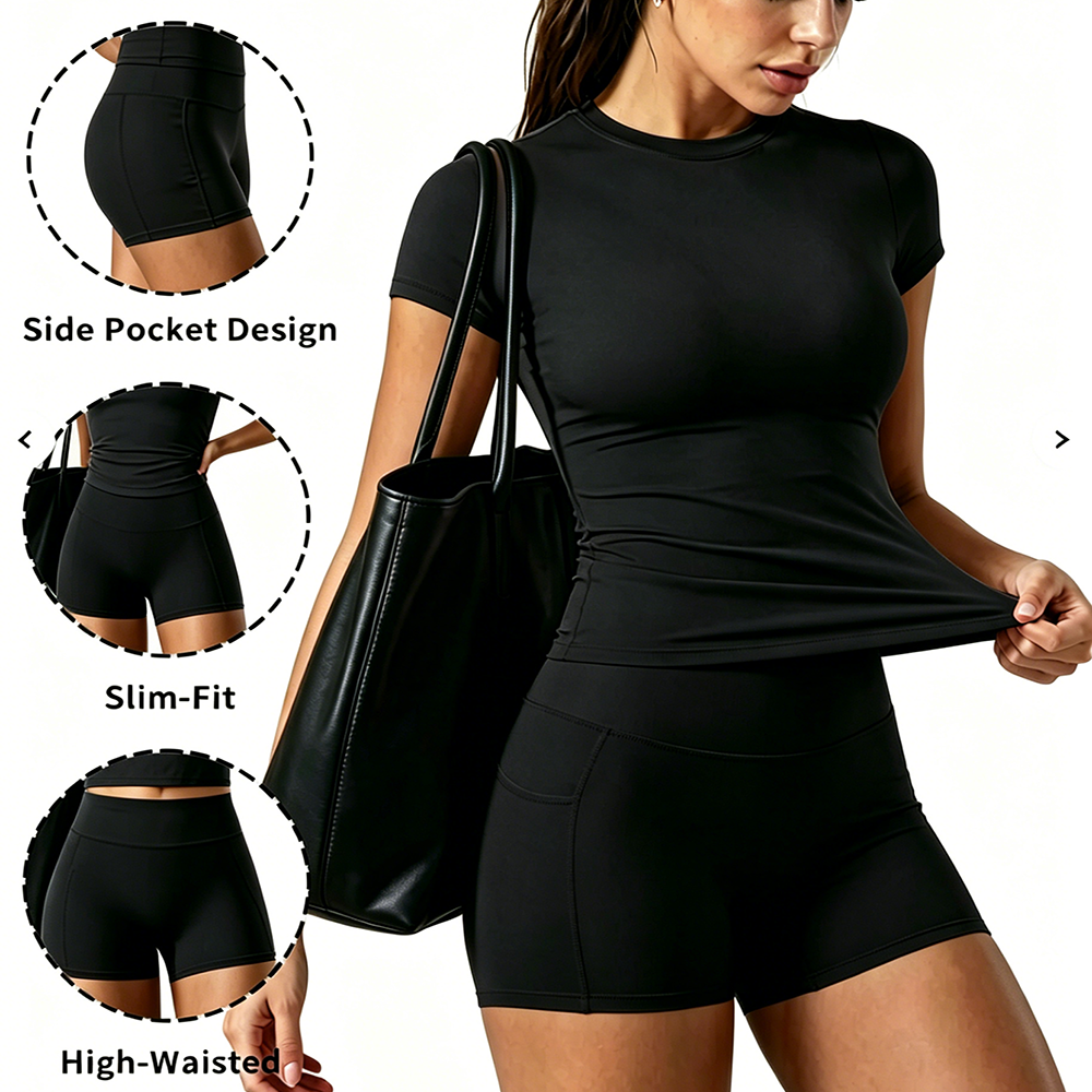 2 Piece Gym Sets Women Seamless Short Sleeve Top Butt Lifting Shorts Workout Fit