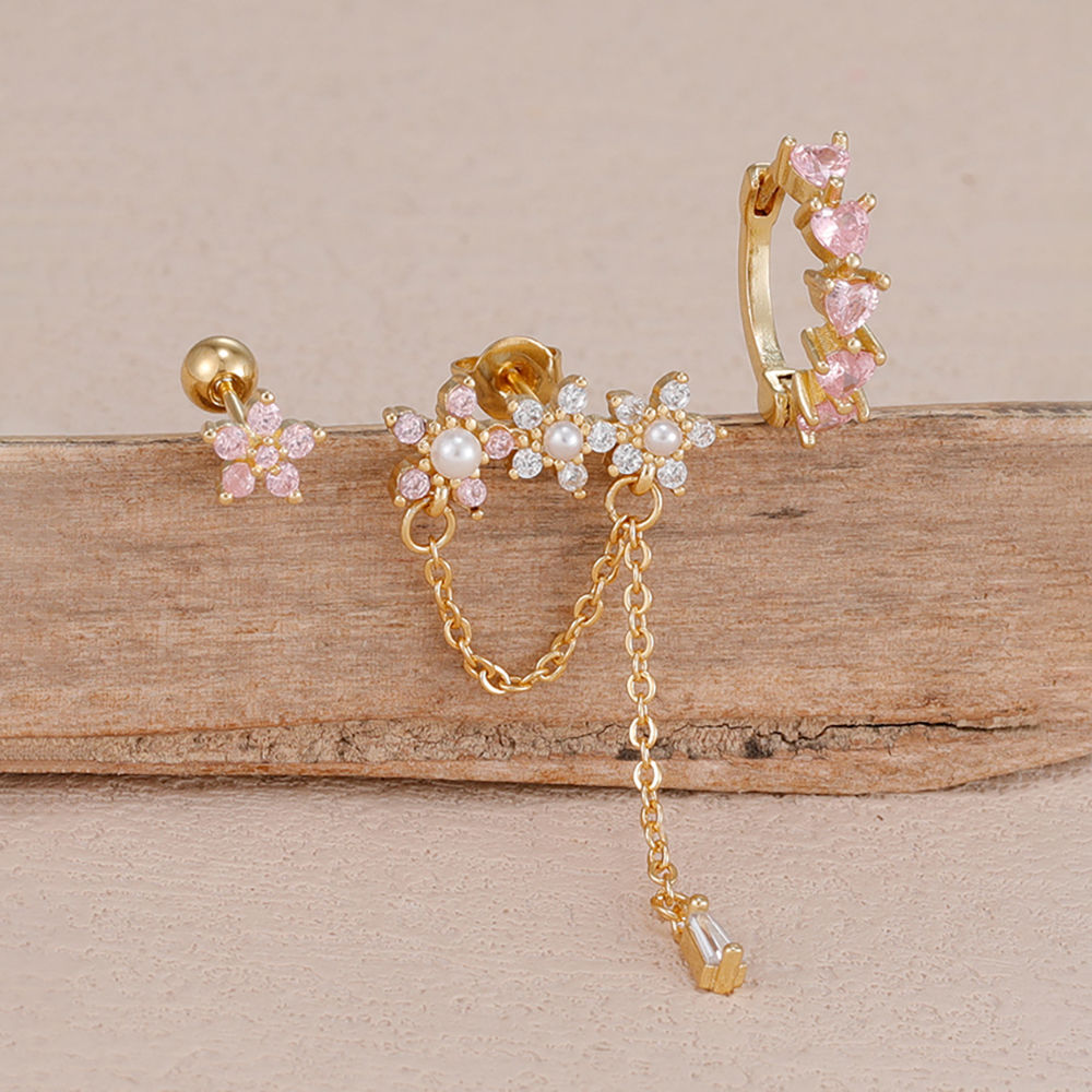 3PCS Stainless Steel Pink Zircon Flower Tassel Piercing Earrings Set For Women H