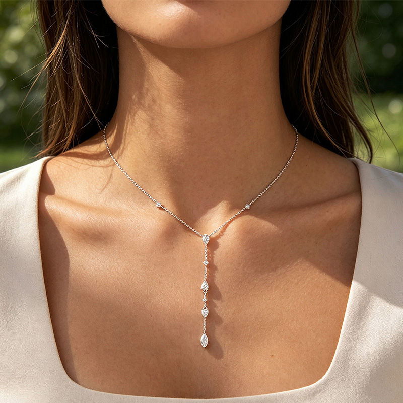 Thumbnail: Smyoue Trendy Test Passed Full Moissanite Tassel Necklace for Women 18k Plated W