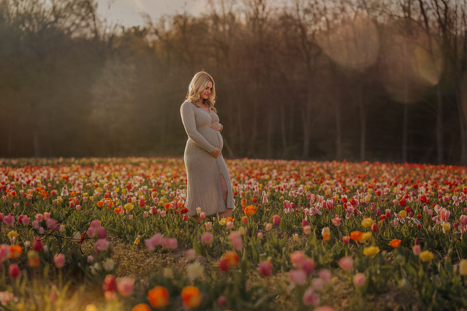 Pregnant mother serene in a field full of tulips