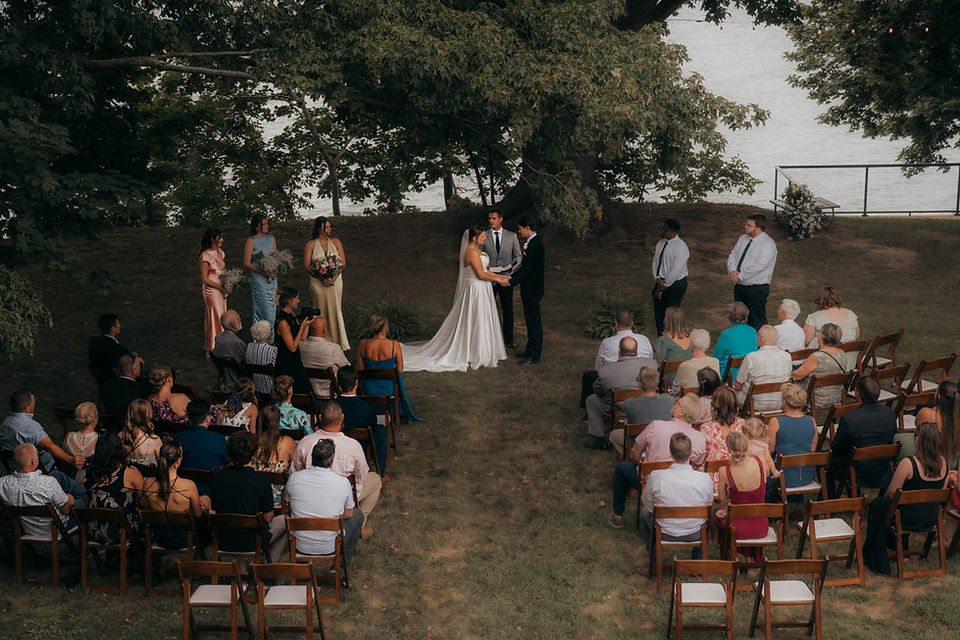 View from the balcony of beautiful lakeside backyard wedding