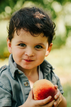 toddler eating a peach in peach orchard