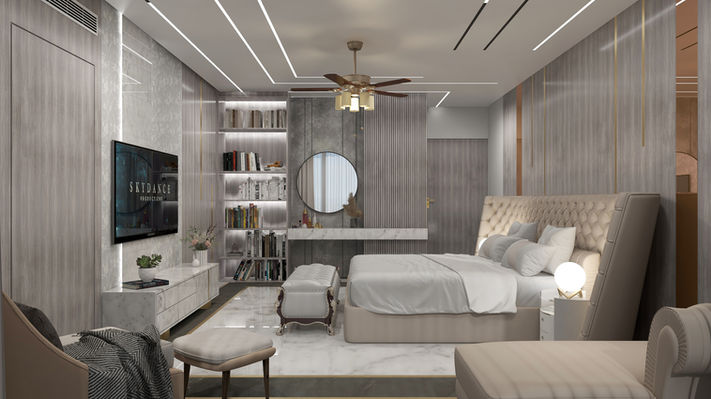 Master bedroom showcasing bespoke headboard and coordinated decor