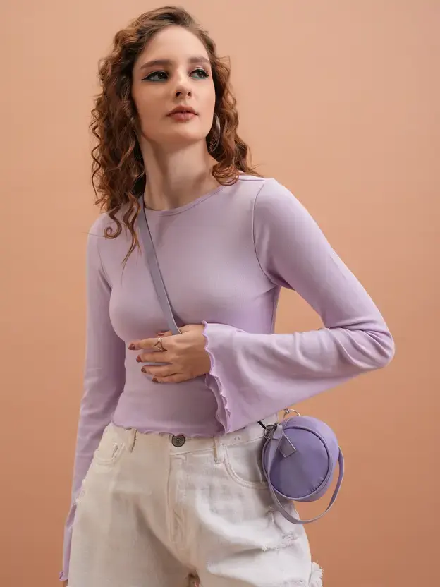 Tokyo Talkies Casual Regular Sleeves Self Design Women Purple Top
