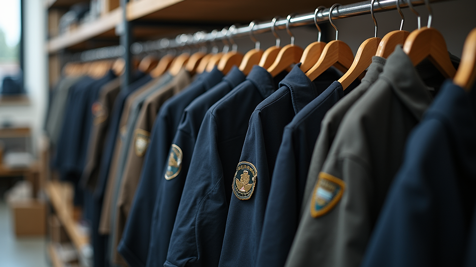 Eye-level view of a clothing rack showcasing a variety of custom branded workwear