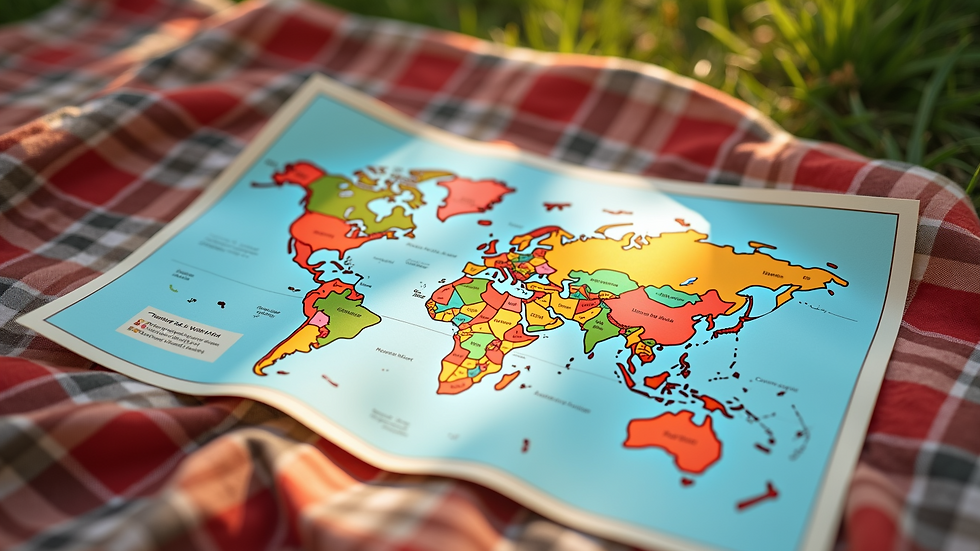 High angle view of a colorful scavenger hunt map spread out on a picnic blanket