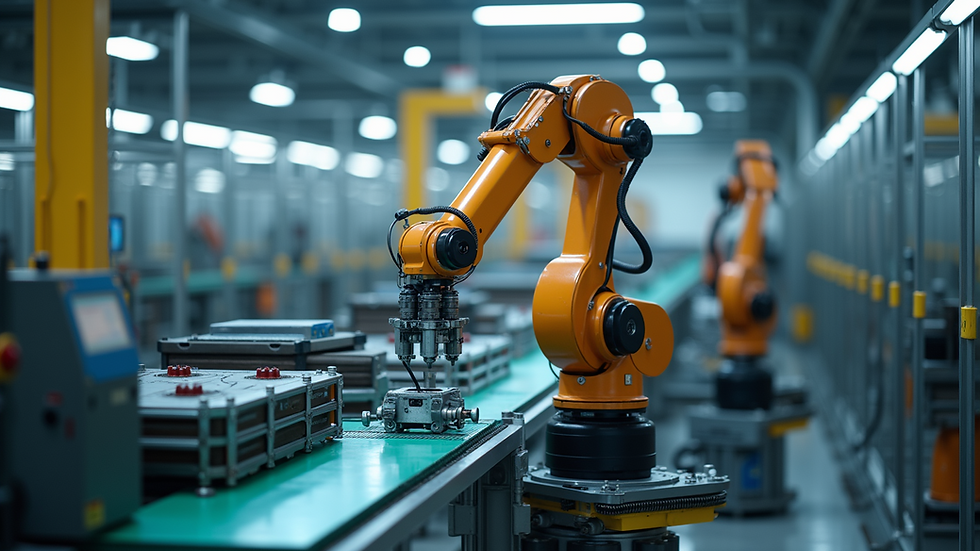 High angle view of an industrial robot performing tasks on a production line