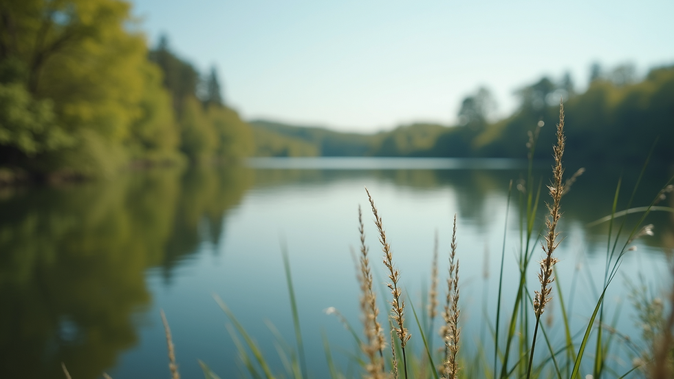 Close-up view of a serene nature scene with a calm lake