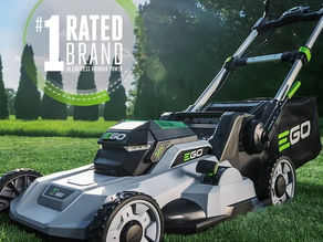 EGO cordless lawn mower on a green lawn with “#1 Rated Brand in Cordless Outdoor Power” text overlay.
