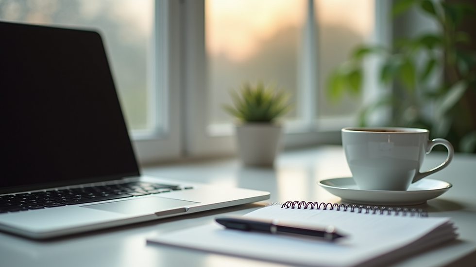 Close-up view of a desk with a laptop, coffee cup, and a mindfulness journal