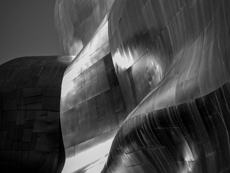 A close-up photo of the Museum of Pop Culture in Seattle, designed by Frank Gehry