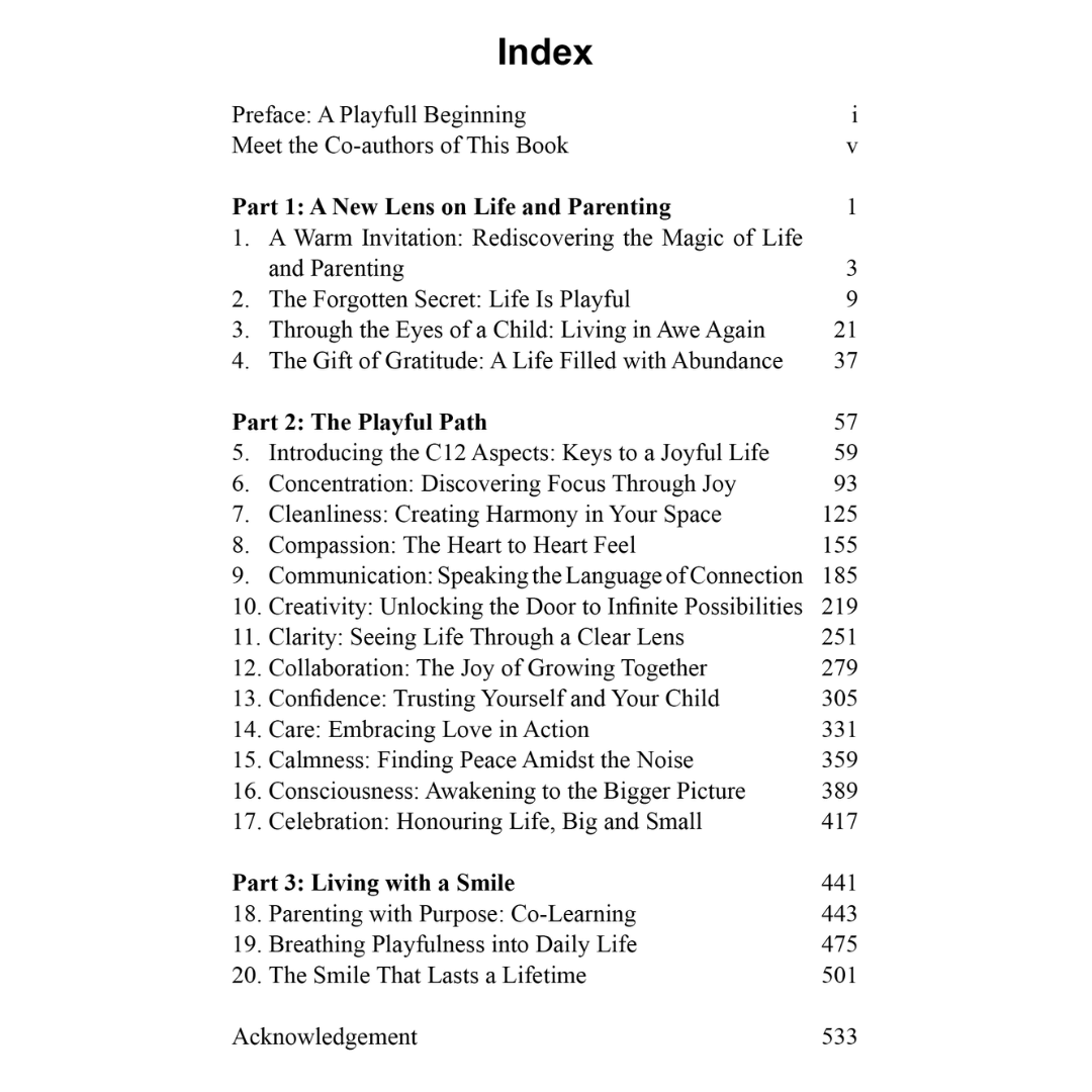 Index page with chapter titles and page numbers from Parenting with a Smile.
